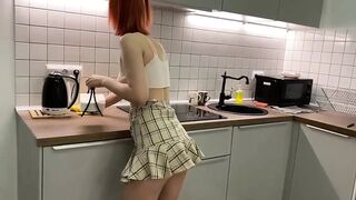 Girl with Ponytails Cleaning Her Flat Without Panties!