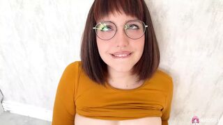 Brunette babe with glasses Ksenia loves deep sucking and passionate fucking with dildo.