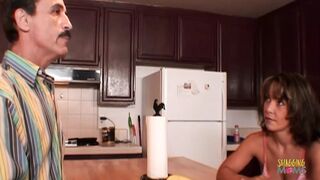 The neighbor engages in a sexual encounter with a promiscuous brunette while her husband's absence