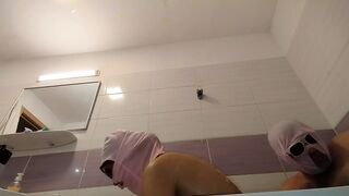 Amateur couple takes a bath, wife with hairy pussy, big ass, big tits