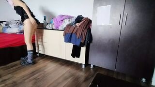 Sexy brunette cleans the house naked Mom hairy pussy, big tits, big ass