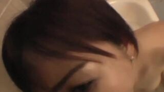 Japanese babe with natural tits receives warn mouth creampie